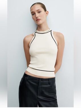 NWT Mango White Contrast-Trim Knit Top M